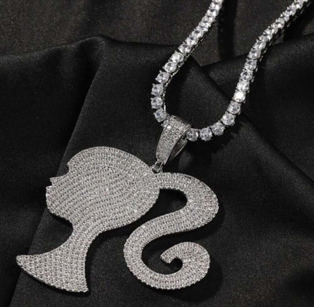 Barbie Necklace, Iced Out Doll Head Necklace , Barbie Tennis Necklace